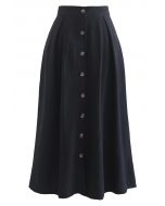 Button Front Cotton A-Line Midi Skirt in Black