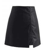 Polished Button Trim Faux Leather Bud Skirt in Black