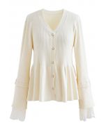 Lace Inserted Peplum Knit Top in Cream