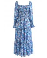Watercolor Floral Shirred Frilling Midi Dress in Blue