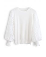 Baroque Crochet Sleeve Knit Top in White