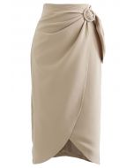 Flap Front Knot Side Midi Petal Skirt in Light Tan