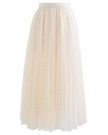 Lacy Chain Double-Layered Mesh Tulle Midi Skirt in Cream
