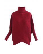 Turtleneck Batwing Sleeve Asymmetric Knit Sweater in Burgundy