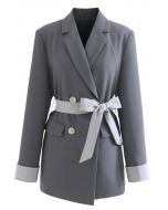 Self-Tied Bowknot Double-Breasted Blazer in Grey