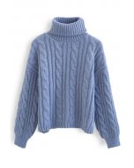 Turtleneck Cable Knit Crop Sweater in Blue