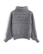 Fringed Detailing Turtleneck Knit Sweater in Grey