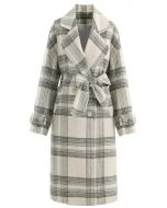 Olive Plaid Double-Breasted Wool-Blend Longline Coat