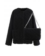 Diamond Faux Fur Coat with Flap Bag in Black