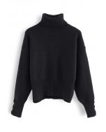 Turtleneck Button Trim Sweater in Black