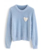 Pearly Heart Patch Soft Fuzzy Knit Sweater in Blue