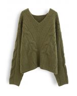 Hollow Out V-Neck Chunky Knit Sweater in Moss Green