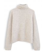 Chic Turtleneck Fuzzy Knit Sweater in Linen