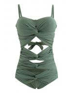 Crisscross Cutout Tie Back Swimsuit in Army Green