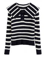Flap Collar Striped Knit Sweater in Black