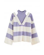 Fake Two-Piece Cold-Shoulder Striped Sweater in Purple