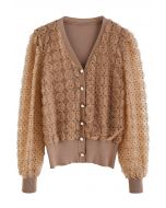 3D Rose Button Down Mesh Knit Top in Caramel