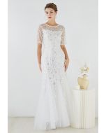 Leaves Branch Sequined Mesh Panelled Gown in White