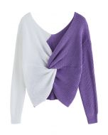 V-Neck Twist Front Two-Tone Sweater in Lilac