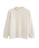 Pearly Cut Out Shoulder Shimmer Knit Sweater in Cream