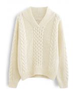 Attractive V-Neck Chunky Knit Sweater in Ivory