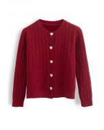 Golden Heart Button Crop Fitted Cardigan in Burgundy
