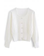 Pearly Neck Button Trim Knit Top in White