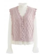 Lacy Dotted Top and Button Down Knit Vest Set in Pink