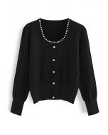 Pearly Neck Button Trim Knit Top in Black