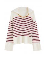 Gold Chain Flap Collar Striped Knit Top in Red