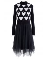 Hearts Tulle Mesh Ribbed Knit Twinset Dress in Black