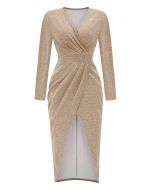 Shimmer Faux-Wrap Ruched Front Tulip Dress in Gold