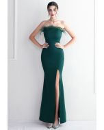 Feather Trim Strapless Slit Gown in Emerald