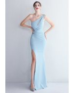 One Shoulder Cutout Slit Gown in Blue