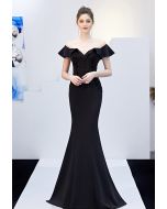 Ruffled Off-Shoulder Embroidery Mermaid Gown in Black