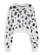 Pearly Leopard Fuzzy Knit Crop Sweater in White
