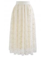 Embroidered Vine Flock Dots Mesh Midi Skirt in Cream
