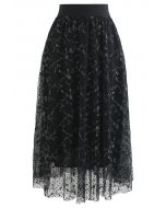 Embroidered Vine Flock Dots Mesh Midi Skirt in Black