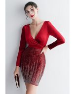 Velvet Spliced V-Neck Sequins Cocktail Dress in Red