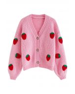 Stitch Strawberry Button Up Hand Knit Cardigan in Candy Pink