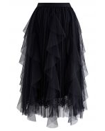 Floral Lace Ruffle Mesh Tulle Skirt in Black