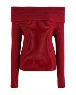 Courtly Off-Shoulder Knit Top in Red