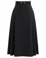 High Waist Belted Flare Midi Skirt in Black