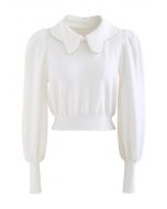 Detachable Collar Crop Knit Top in White