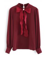 Shimmer Bowknot Satin Shirt in Burgundy