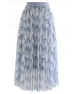 Chevron Pattern Pleated Mesh Skirt in Dusty Blue