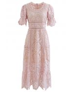 Floral Crochet Short-Sleeve Midi Dress in Pink