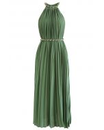 Golden Chain Halter Neck Pleated Maxi Dress in Green