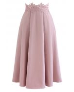 Lacy Waist Pleated Flare Midi Skirt in Pink