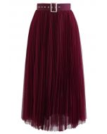 Full Pleated Double-Layered Mesh Midi Skirt in Burgundy